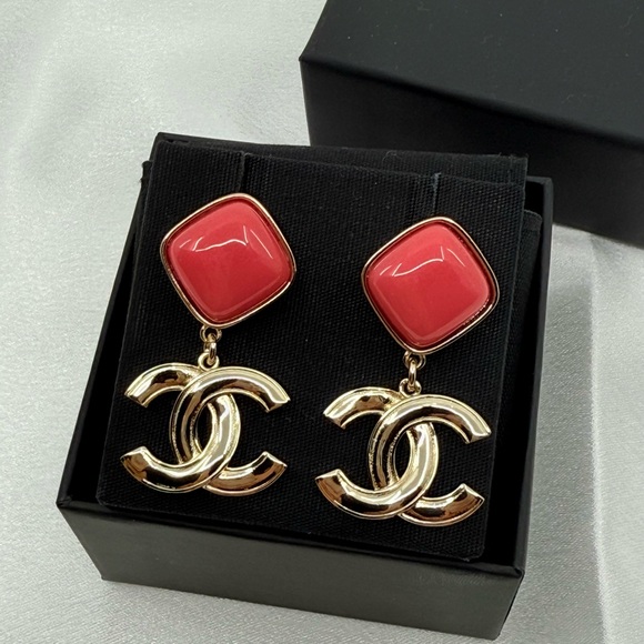 Chanel Pink Enamel Gold CC Dangle Statement Earrings - Picture 10 of 11